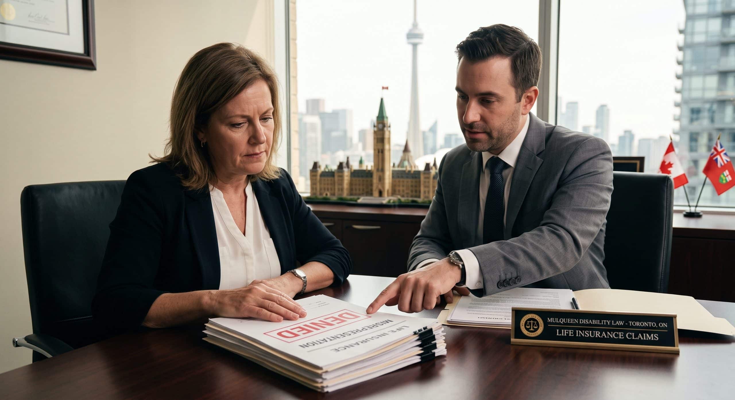 An Ontario lawyer and client reviewing denied life insurance documents stamped with misrepresentation at a desk in Toronto.